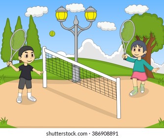 Children playing tennis in the park cartoon vector illustration
