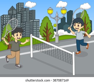Children playing tennis in the park cartoon vector illustration