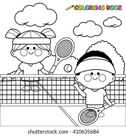 Children playing tennis. Vector black and white coloring page.