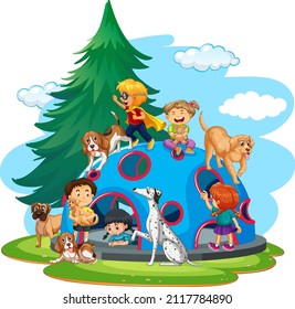 Children playing with their dogs at playground illustration