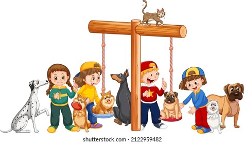 Children playing with their dogs at playground illustration