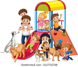 Children playing with their dogs at playground illustration