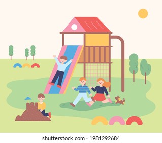 The children are playing with their friends on the playground. flat design style minimal vector illustration.