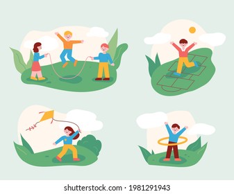 The children are playing with their friends in the park. A play of childhood memories. flat design style minimal vector illustration.