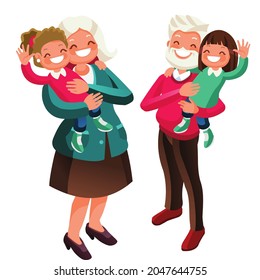 Children playing with their grandparents. Vector illustration of two kids playing in the lap of their grandparents. Children spending time with their grandfather and grandmother.