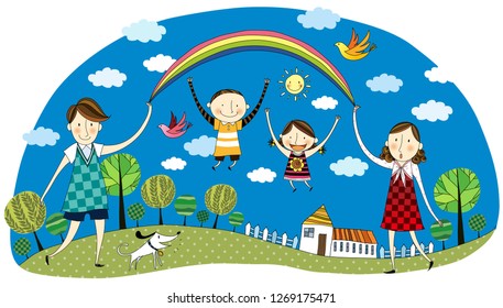 Children playing with their parents in garden