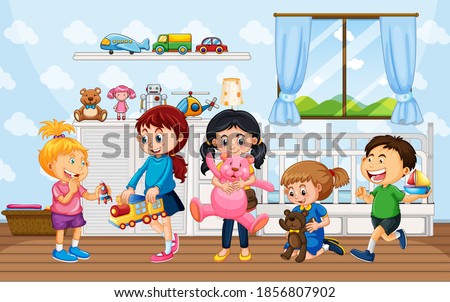 Children playing with their toys at home scene illustration