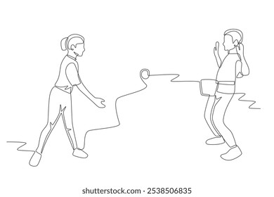 Children playing throwing ball. Children games concept one-line drawing