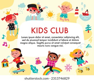 Children playing together. Different children's activities. Boys and girls with colourful background. Summer kid's activities.