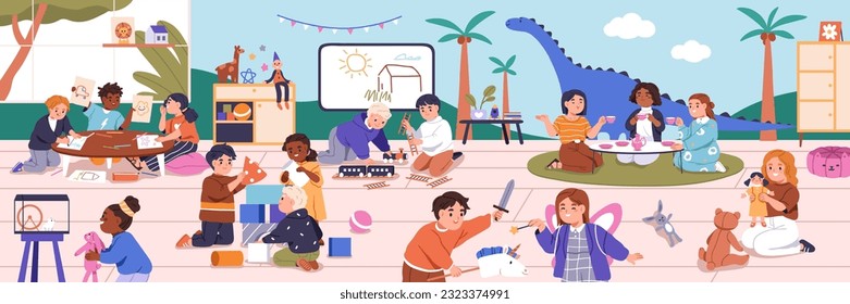 Children playing together in kindergarten. Happy little toddlers with toys, games at daycare playroom. Preschool kids, cute boys and girls, having fun in nursery panorama. Flat vector illustration