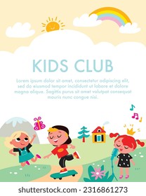 Children playing together outdoors. Different children's activities. Boys and girls with colourful background. Summer kid's activities. Children's illustration.