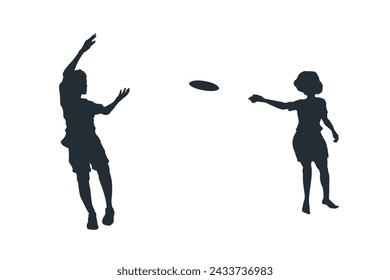 Children playing toy. Black isolated silhouette of kids relaxing outdoors. Happy childhood scene. Park summer activity. Girl and boy with disc. Vector illustration
