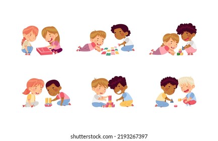 Children Playing Toy Blocks and Jigsaw Puzzle Sitting on the Floor in Nursery Vector Set