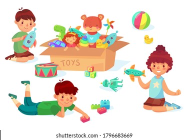 Children playing with toys. Boy holding rocket in hands, guy with bricks. Girl playing with airplane. Cardboard with different toys as car and doll, car, rubber duck. Kids have entertainment vector