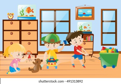 Children playing toys inside the room illustration
