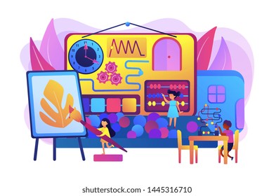 Children playing with toys. Kids entertainment and education. Child friendly area, kid friendly place, you are welcome here with your child concept. Bright vibrant violet vector isolated illustration