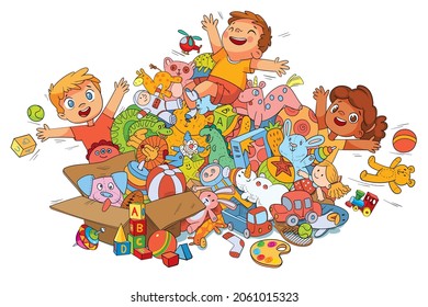 Children playing with toys. Kids and huge bunch of different and colored toys. Girl and a boy have fun jumping in a heap of various toys. Colorful cartoon characters. Funny vector illustration