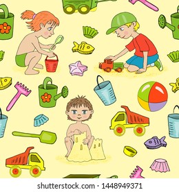 Children playing with toys on the beach / in the sandbox. Kid's summer activities. Set seamless pattern. Vector cartoon hand  drawn illustration.