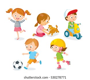 Children playing with toys, pets, playing football