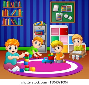 Children playing with toys in playroom of kindergarten