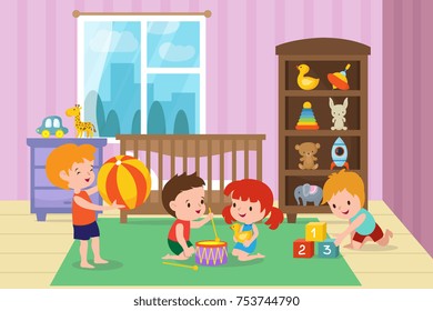 Children playing with toys in playroom of kindergarten vector illustration. Room with boy and girl, kids room in kindergarten