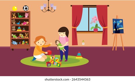 Children playing with toys in the room. Flat style vector illustration.