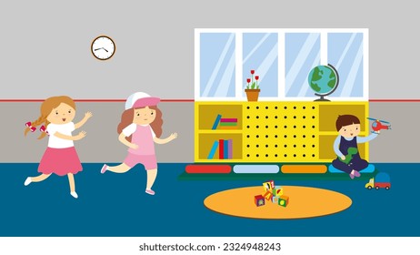 Children playing with toys in the room. Vector illustration in flat style