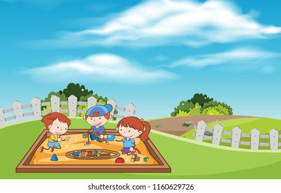 Children playing toys at the sand pit illustration