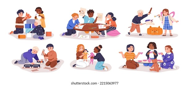 Children playing toys set. Happy kindergarten kids during indoor room games. Leisure childhood activities of little preschool boys and girls. Flat vector illustrations isolated on white background - Shutterstock ID 2215063977