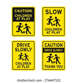 Children playing traffic sign vector set caution drive slowly