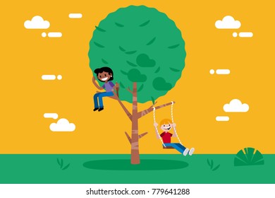 Children Playing in a Tree.  The boy is swinging in a swing. Vector illustration in a flat, minimal style.