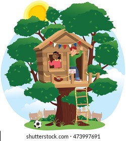 Children playing in tree house.