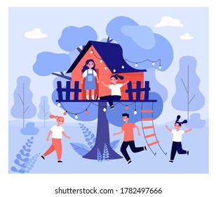 Children playing at tree house. Happy kids having fun outdoors, enjoying summer and nature on playground. Vector illustration for kindergarten, vacation, childhood concepts