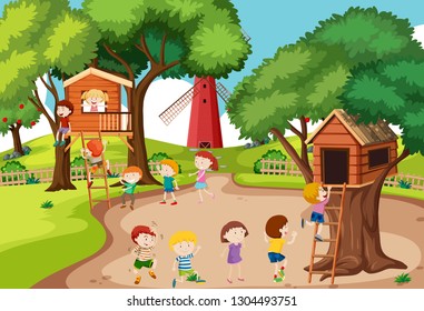 Children playing at tree house illustration