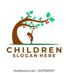 Children Playing and Tree logo design vector template. little boy trying to pick fruit vector illustration