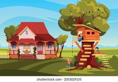 Children playing in tree wooden house with family cottage in rural location on background colorful vector illustration 