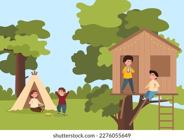 Children playing at treehouse. Boys with toy rabbit and lollipop sitting on tree. Children in yellow tent with toy cars. Leisure and entertainment, summer activities. Cartoon flat vector illustration