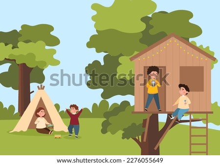 Children playing at treehouse. Boys with toy rabbit and lollipop sitting on tree. Children in yellow tent with toy cars. Leisure and entertainment, summer activities. Cartoon flat vector illustration