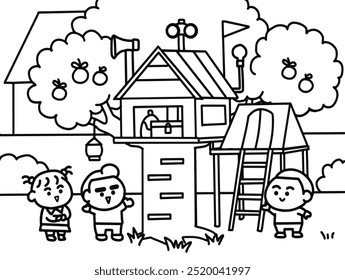 Children playing at Treehouse coloring pages style.