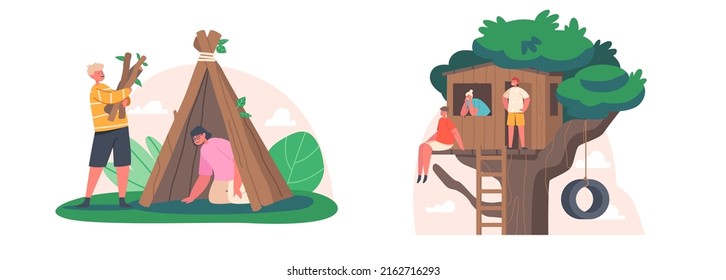 Children Playing at Treehouse and Hut, Kids Outdoor Activities, Fun, Summer Forest Camp, Boys and Girls Characters on Vacation, Game on Nature, Childhood Concept. Cartoon People Vector Illustration