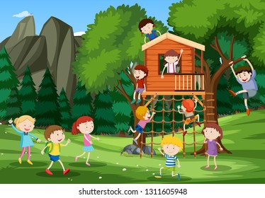 Children playing at treehouse illustration