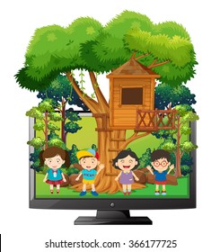 Children playing at the treehouse illustration