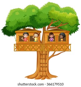 Children playing in the treehouse illustration