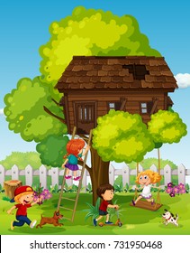 Children playing in the treehouse illustration