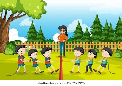 Children playing tug of war game illustration