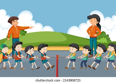 Niños jugando al tira y afloja de los juegos de guerra