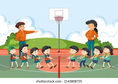 Children playing tug of war game illustration