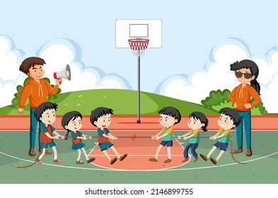 Children playing tug of war game illustration