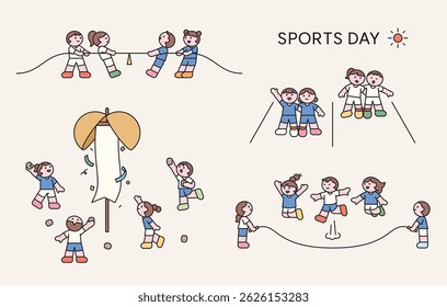 Crianças brincando de cabo de guerra, arremesso de saco de feijão e corda de salto em grupo durante o dia de esportes escolares. Ilustração de atividade de crianças de desenhos animados planos.
