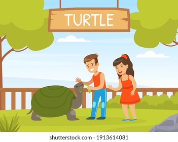 Children Playing with Turtle on Green Lawn, Boy and Girl Interacting with Animal in Petting Zoo Cartoon Vector Illustration